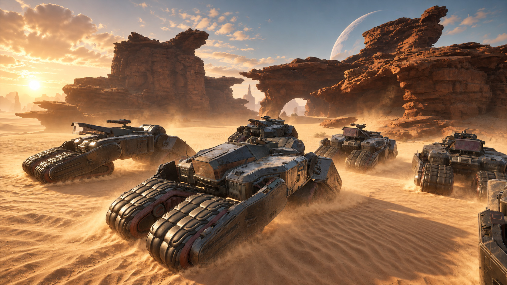 Regis Tanks rolling across the dunes of Arrakis